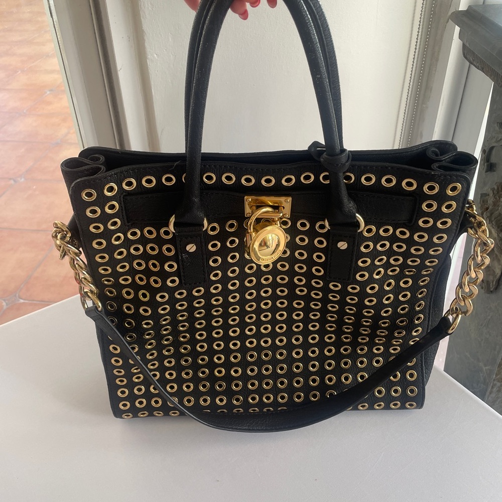 Michael Kors Hamilton Large Black Tote with Gold Accents and Chain - Picture 5 of 10
